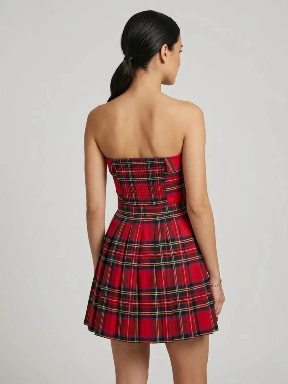 ​Red Plaid Strapless Mini Dress Pleated Tartan Dark Academia Coquette Party XS - Picture 2 of 10